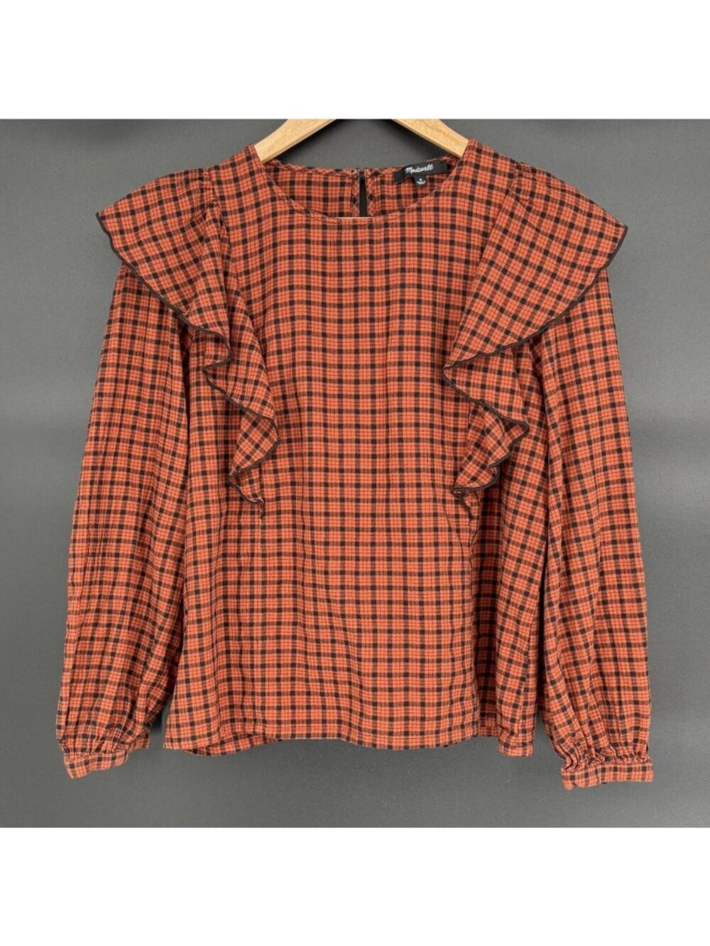 Madewell Women's Ruffle Front Top in Plaid M Orange Black Cabincore Cottagecore